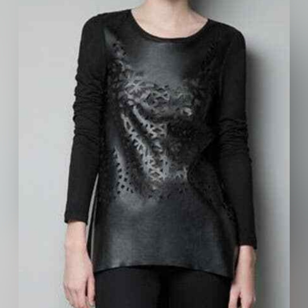 Zara Basic Womens Faux Leather Scoop Neck Long Sleeve Cut Out Shirt Size Medium